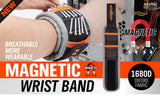 Adjustable magnetic wristband with strong magnets for securing screws, bolts, and nails.
