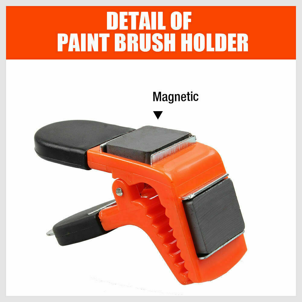 Convenient 2-in-1 magnetic clamp with integrated brush holder and paint can opener, designed to enhance painting efficiency and organization.