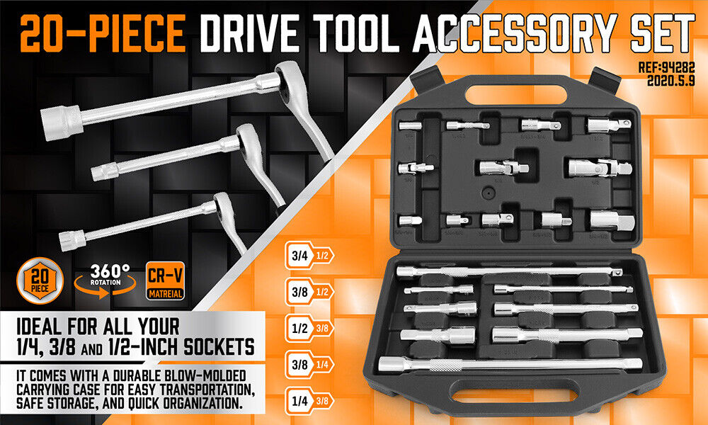 Comprehensive 20-Piece Socket Extension and Adaptor Set Featuring Flexible Joints and Various Reducer Combinations