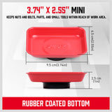 Four-piece Magnetic Parts Holder Set featuring a wristband and three trays in different sizes and shapes. Includes one mini rectangular tray, one large round bowl, and one large rectangular tray, all made of solid stainless steel with strong magnets for secure tool holding