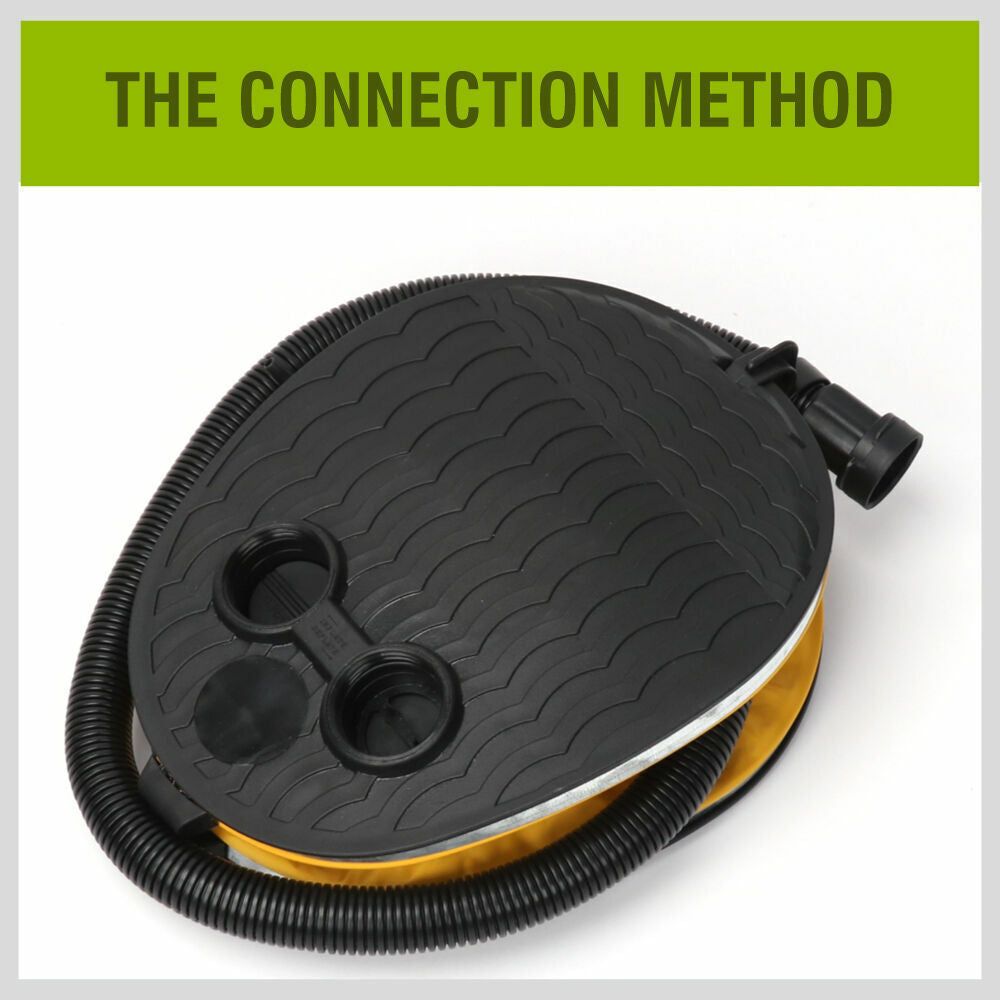 Compact and portable foot air pump with non-kink hose and three nozzles for various valves.