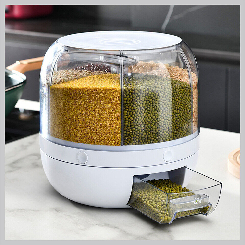 10KG Capacity 6in1 Rotating Grain Dispenser with Transparent Compartments for Dry Food and Rice Storage