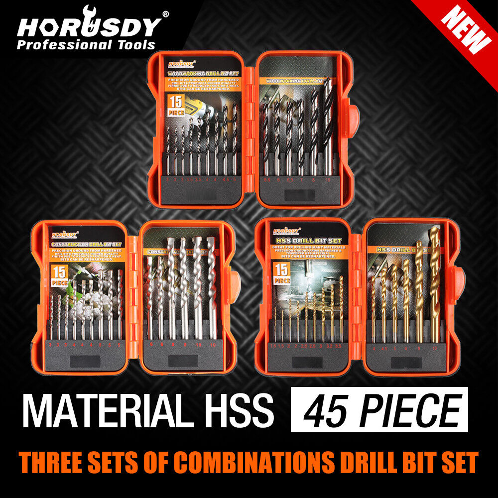 Comprehensive 45-Piece HSS Drill Bit Set, including 15 Metal, 15 Wood, and 15 Concrete Drill Bits in Various Sizes, with a Sturdy Carrying Case