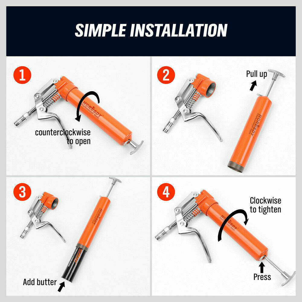 Versatile 2-way mini grease gun with a chrome finish, manual pistol grip, and accessories, including a 3OZ cartridge and flexible hoses