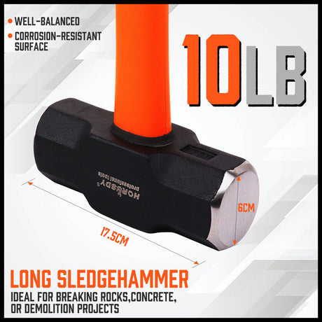 Heavy-Duty 10LB Steel Hammer with Fiberglass Rubber Handle and Double Octagonal Head for Construction