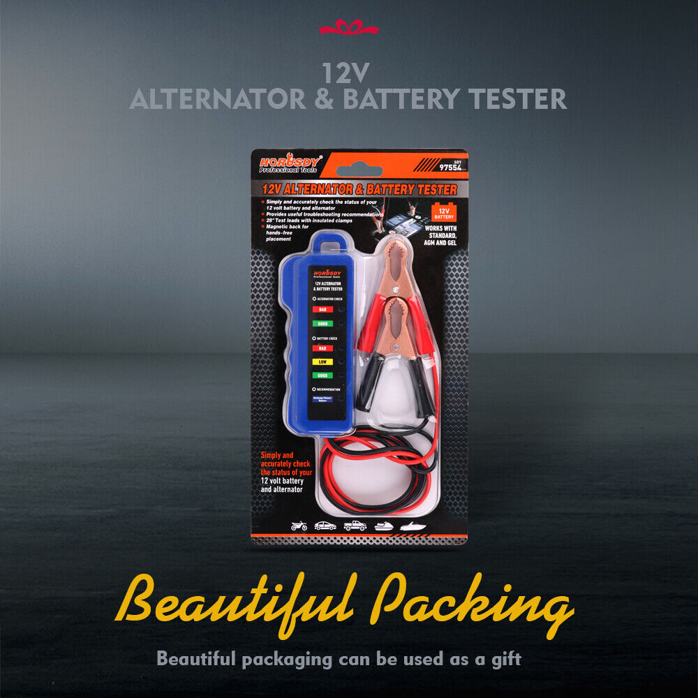 Compact Digital 12V Alternator Battery Tester - Features 6 LED Display and Testing Clips for Cars and Motorcycles