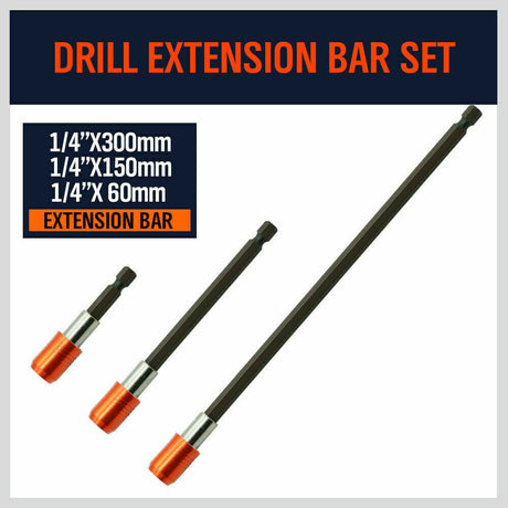 Set of 3 magnetic screwdriver bit extensions with anti-slip holders, featuring 1/4" hex shank compatible with all drills.