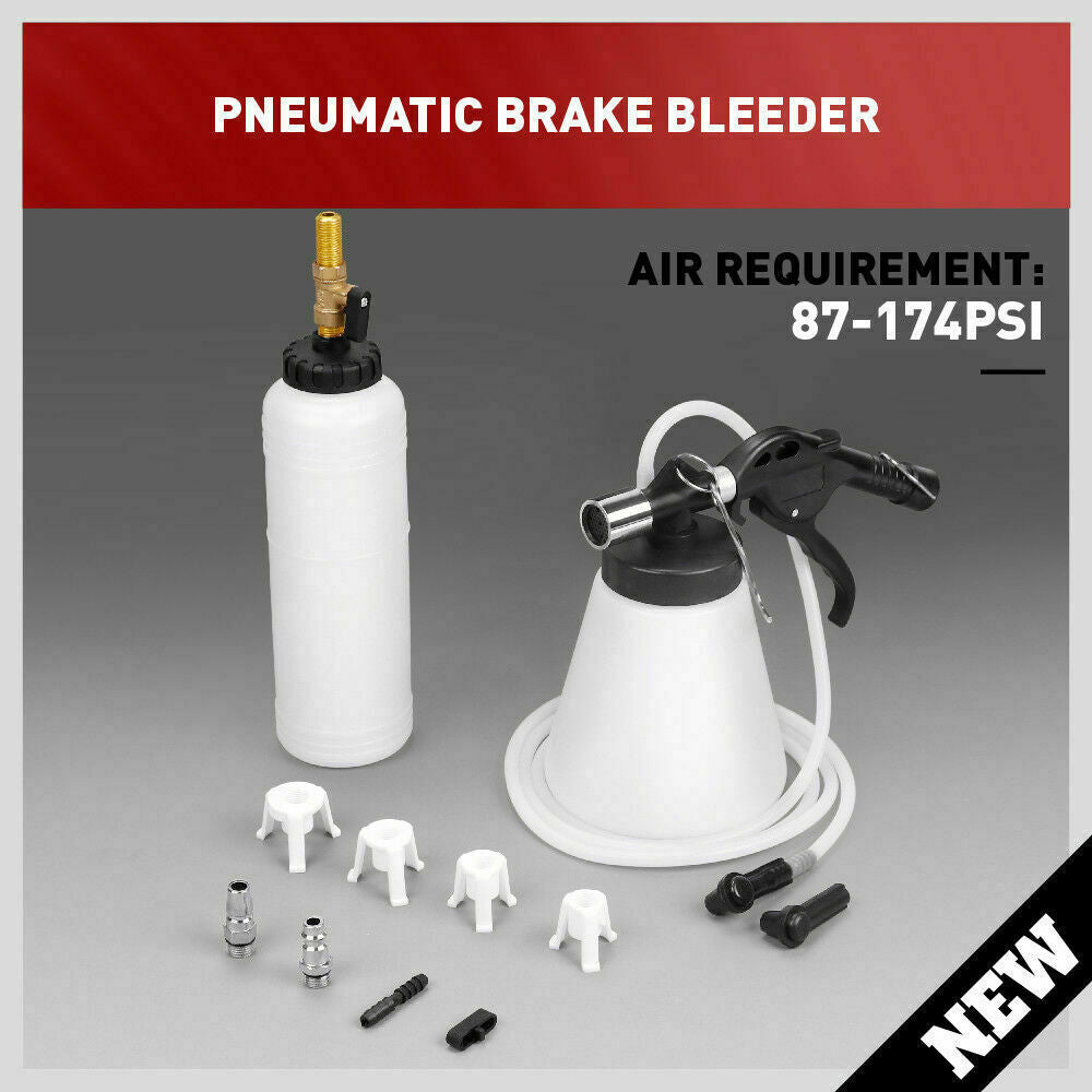1-Liter Pneumatic Brake Fluid Bleeder Kit with various master cylinder adapters and refill container for efficient one-person brake maintenance.