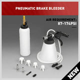 1-Liter Pneumatic Brake Fluid Bleeder Kit with various master cylinder adapters and refill container for efficient one-person brake maintenance.