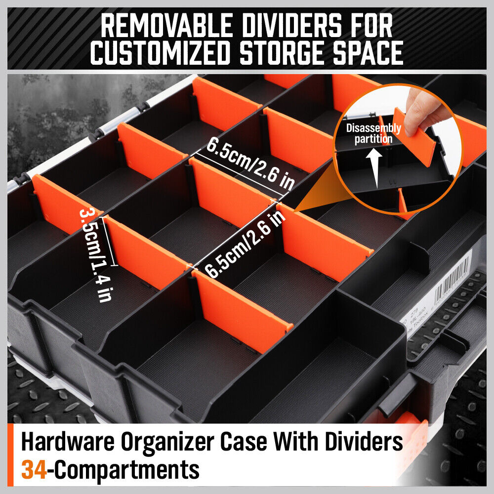 HORUSDY Double-Sided Tool Box with 34 Compartments, Removable Dividers, and Durable Impact-Resistant Design