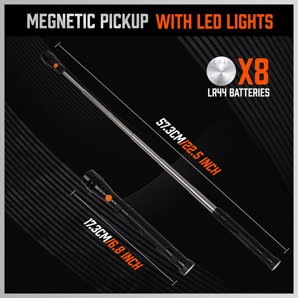 Three-piece magnetic pick-up and inspection tool set featuring a telescopic flashlight with LED, a magnetic rod, and a flexible swivel inspection mirror.