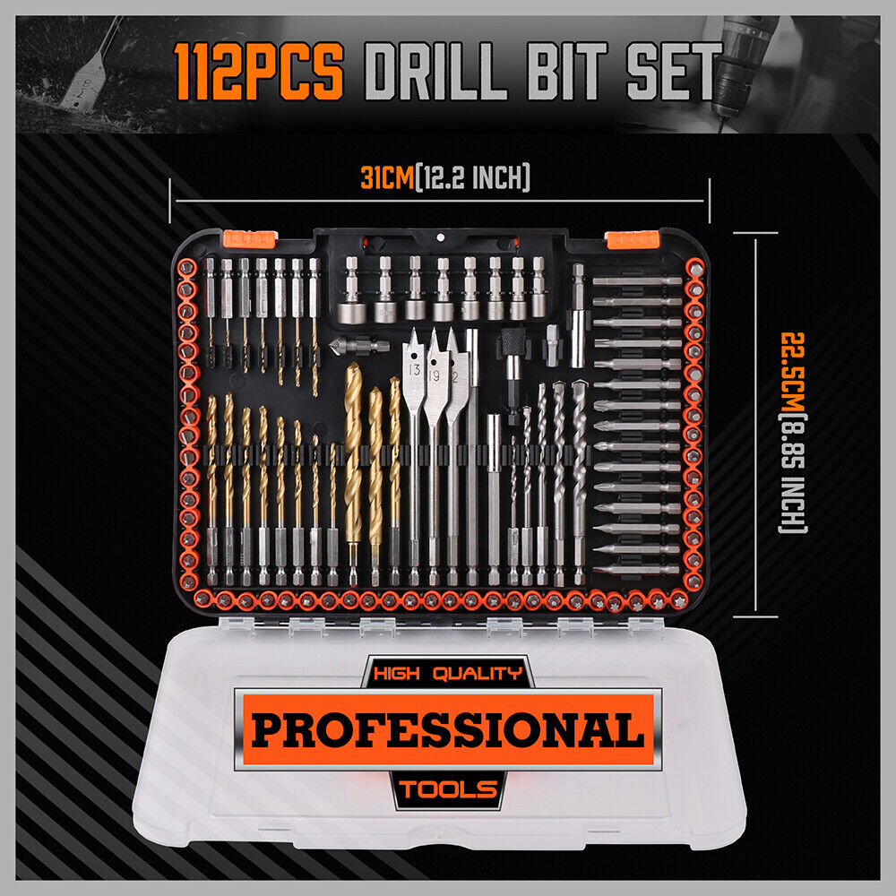 Extensive HORUSDY 112-Piece Drill Bit Set featuring Spade, Masonry, Nut Driver, and Various Insert Bits with Titanium Coating for Wood and Metal Drilling