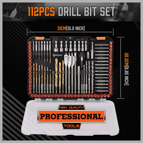 Extensive HORUSDY 112-Piece Drill Bit Set featuring Spade, Masonry, Nut Driver, and Various Insert Bits with Titanium Coating for Wood and Metal Drilling