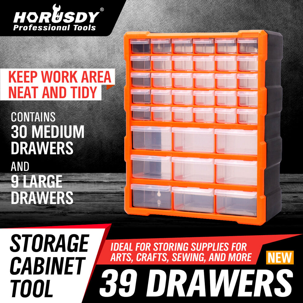 Heavy-duty 39-drawer cabinet set with anti-skid pads, mounting options and durable build for functionally organizing high volumes of tools, parts and industrial/commercial supplies in work environments. 