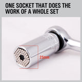 3-Piece Gator Grip Universal Socket Wrench Set with size range 7mm to 19mm, including power drill adapter and wrench, in silver color.