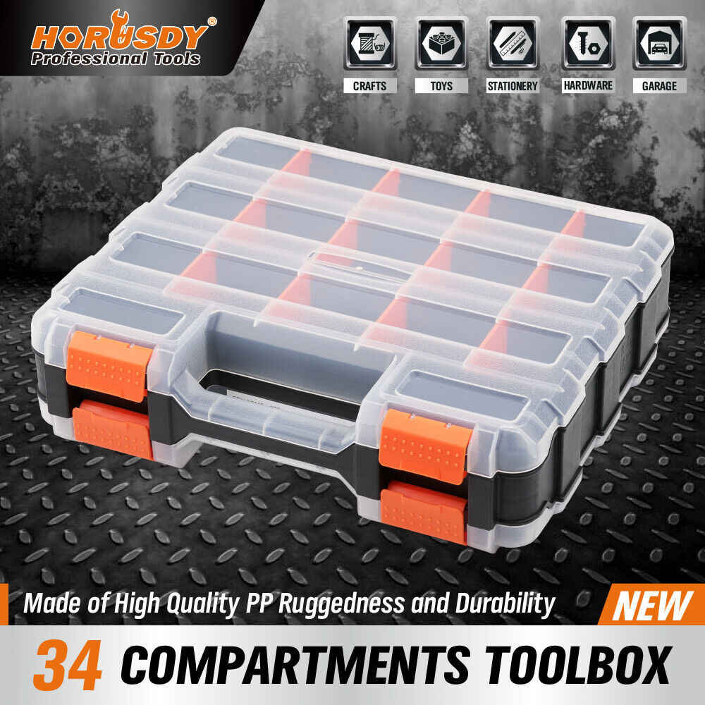 HORUSDY Double-Sided Tool Box with 34 Compartments, Removable Dividers, and Durable Impact-Resistant Design