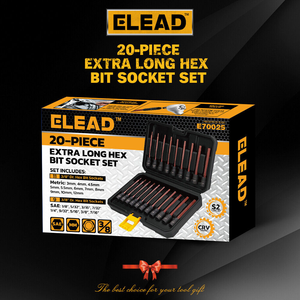 ELEAD 20Pc Extra Long Hex Bit Socket Set - 3/8 inch Drive, SAE and Met ...