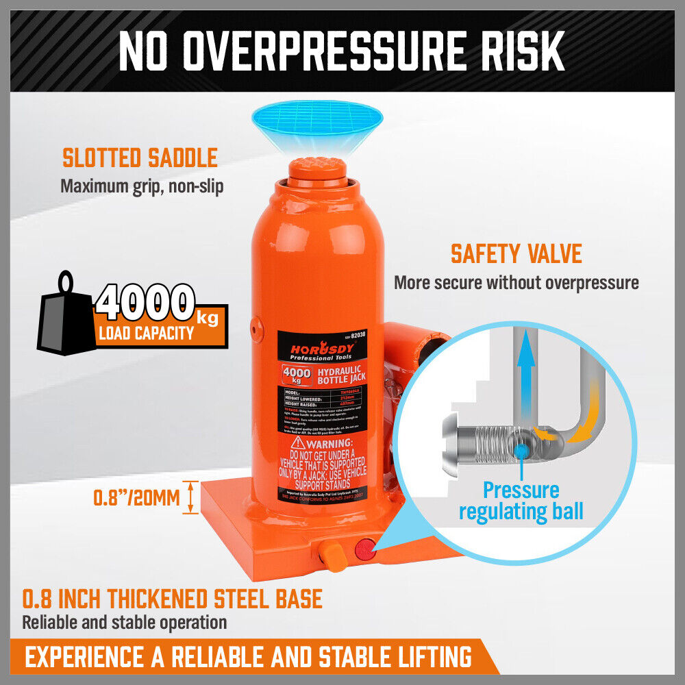 HORUSDY 4-Ton Heavy Duty Hydraulic Bottle Jack with Safety Valve, Engineered Steel Lifting Saddle, and AS/NZS 2693:2007 Certification for Secure and Safe Vehicle Lifting