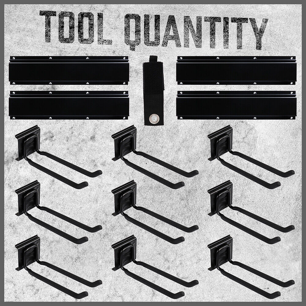 Sturdy Wall-Mounted Bike and Garden Tool Hook Rail, featuring 9 hooks on 4 adjustable rails, ideal for organizing various tools in the garage, pantry, or garden. Made of strong, lightweight material, capable of holding up to 20kg. Includes 34 pairs of screws and expansion tubes for easy installation.