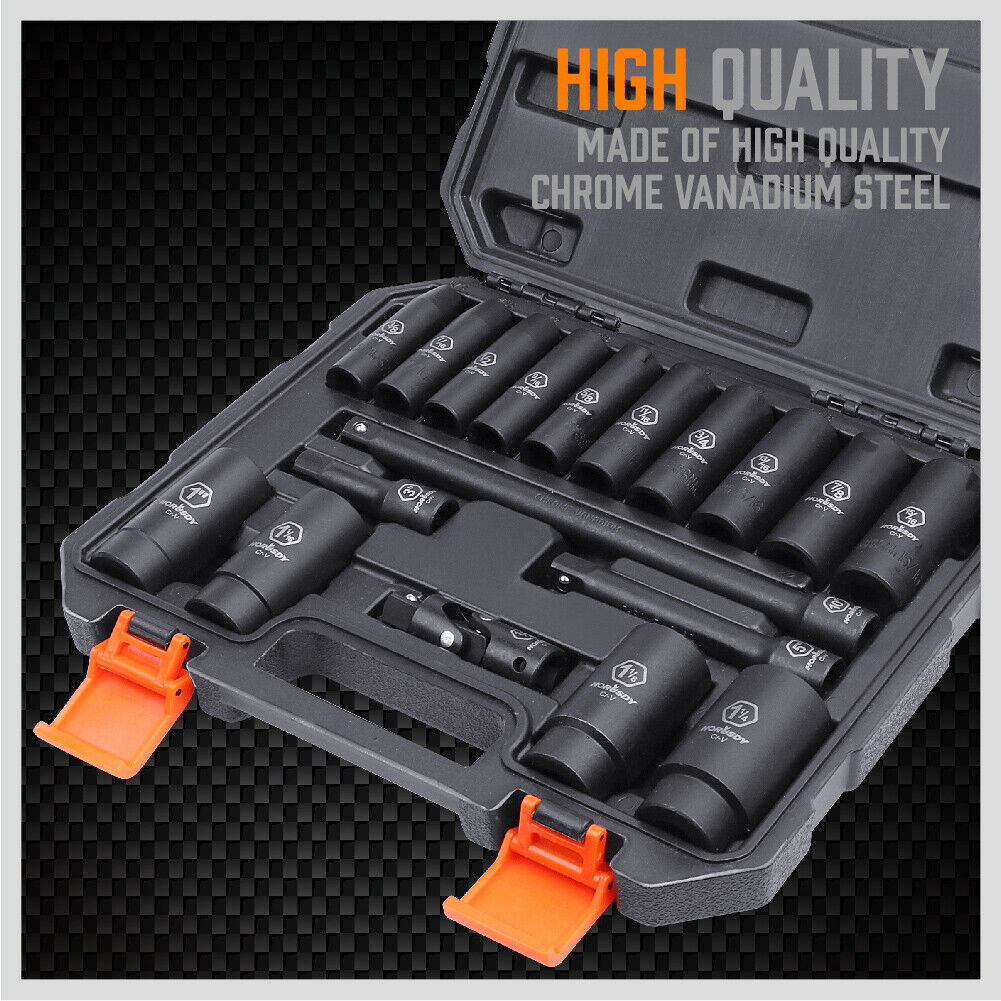 Comprehensive 18-piece deep impact socket set made from chrome vanadium steel with a corrosion-resistant black phosphate finish, including various sizes and extensions in a durable storage case