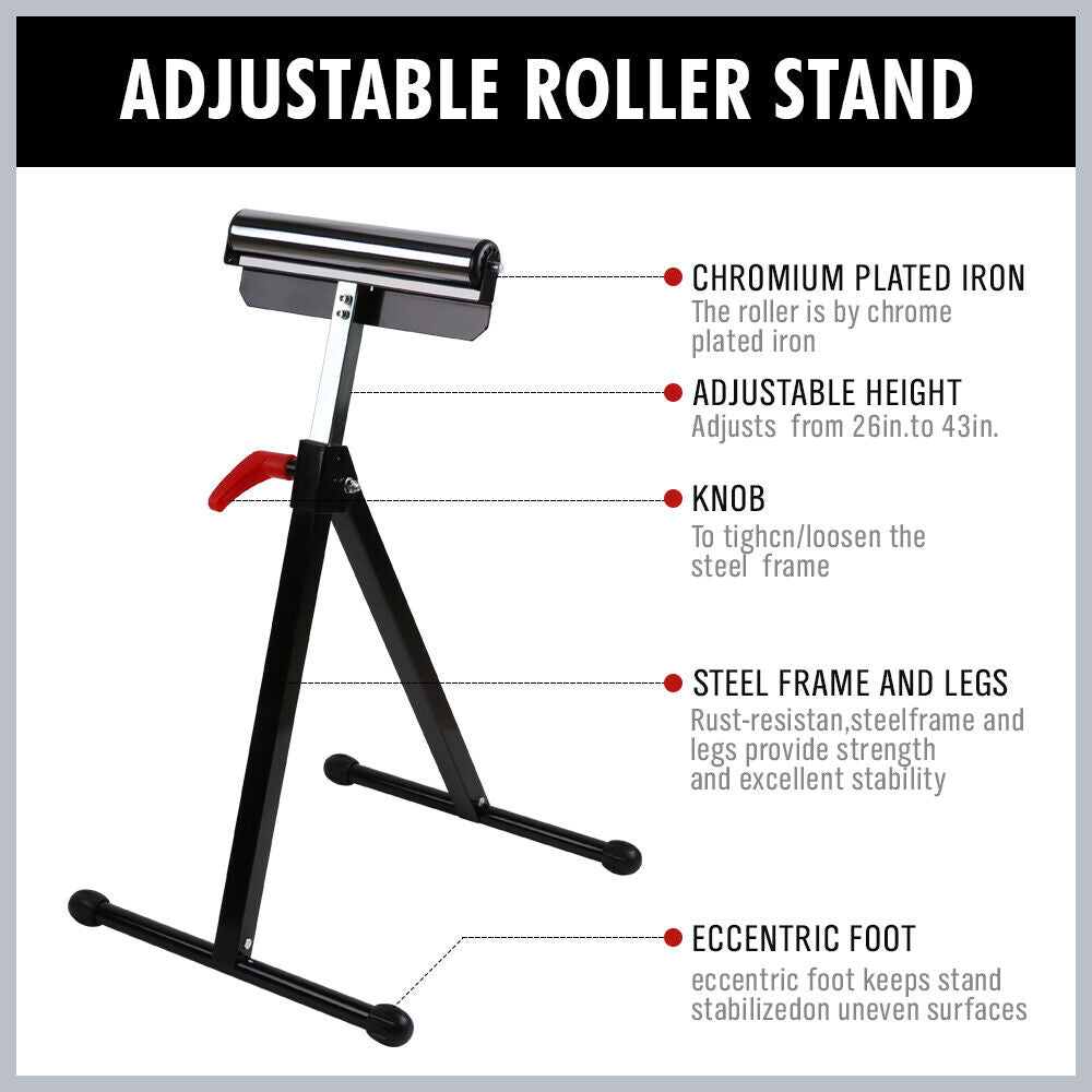 Heavy Duty Steel Foldable Roller Support Stand, Adjustable 67-110cm Height, Powder Coated, 60kg Capacity - Ideal for Wood and Metal Work