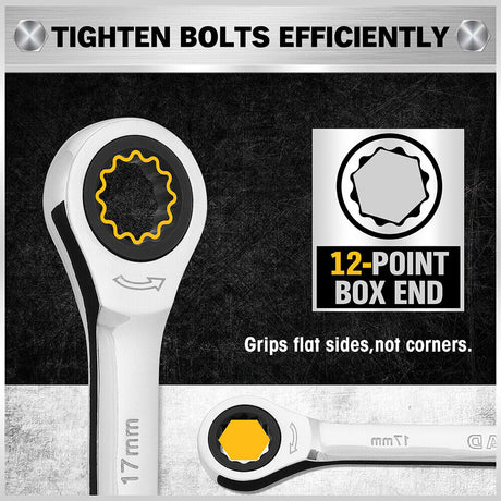 ELEAD 33-piece ratchet wrench set with various SAE and metric sizes, featuring a durable case, Phillips and slotted bits adapter for versatile use.