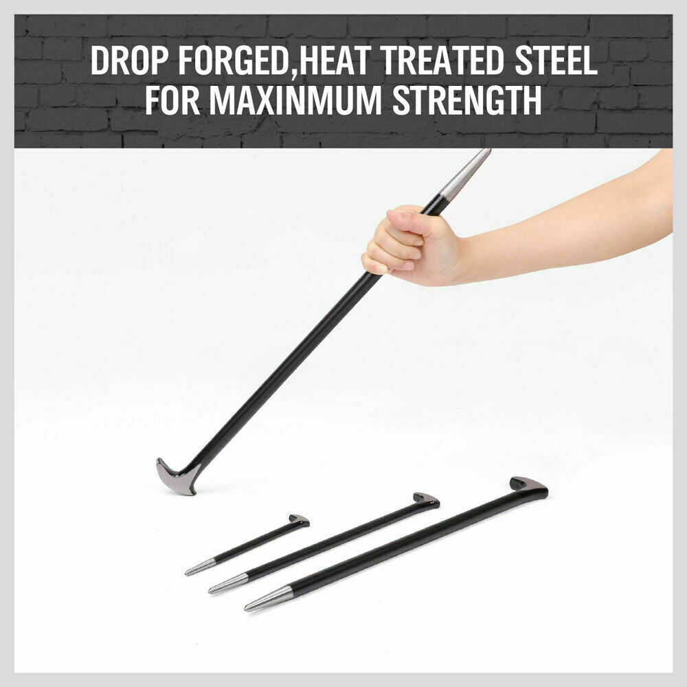 Set of four heavy-duty pry bars in various sizes, crafted from drop-forged hardened steel with a durable baked enamel finish. Each bar features a slim tapered end with a fine point tip for aligning parts and a rolling head hook end for enhanced leverage