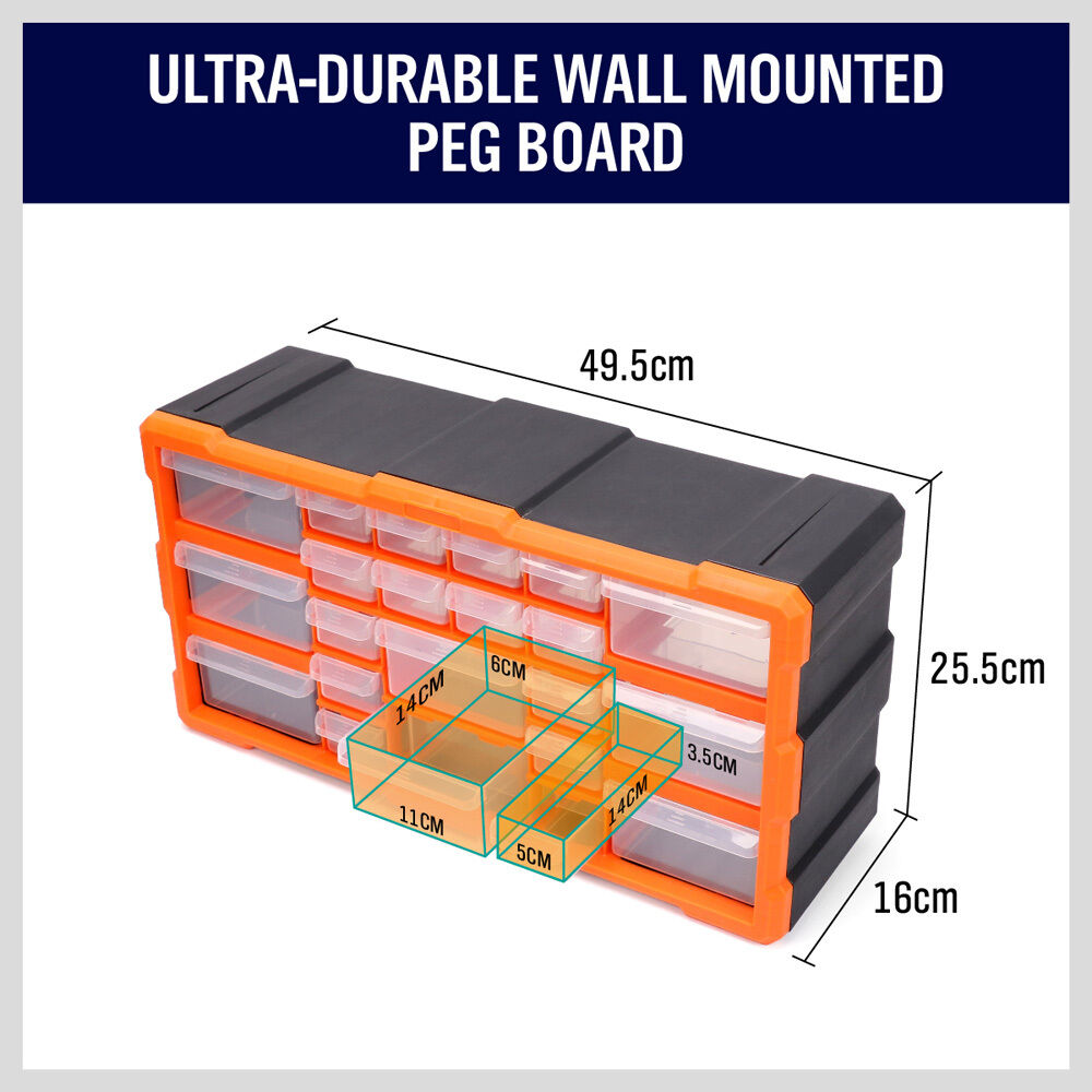 Durable 22-drawer plastic storage cabinet with versatile organization options for tools and supplies.