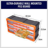 Durable 22-drawer plastic storage cabinet with versatile organization options for tools and supplies.