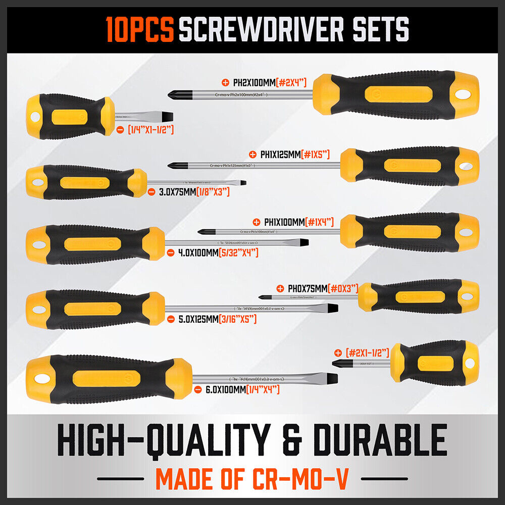 10-Piece Magnetic Screwdriver Set with Ergonomic Non-Slip Handles, Phillips and Flat Heads, Including Degausser and Storage Case