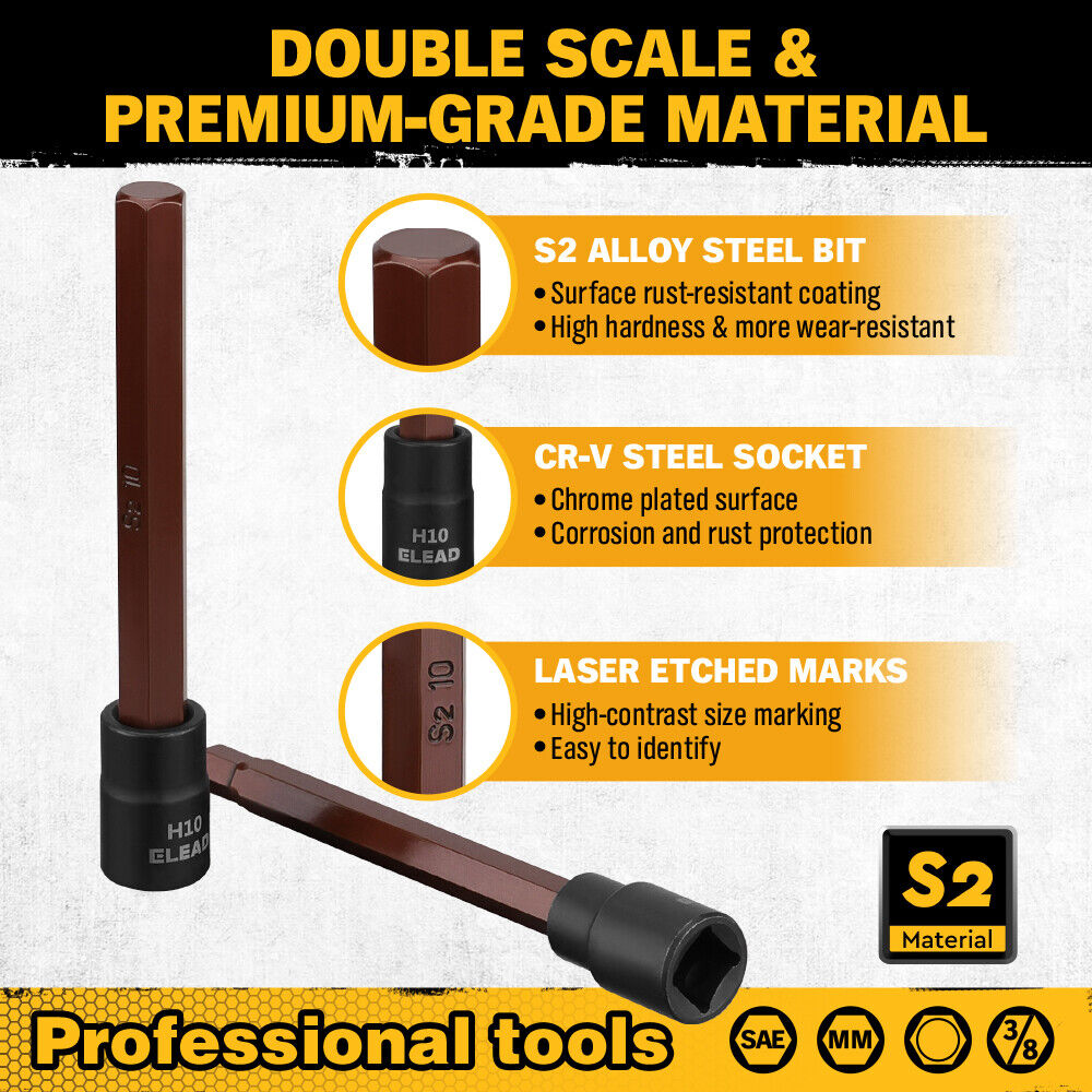 Comprehensive ELEAD 20-Piece Extra Long Hex Bit Socket Set - Includes SAE and Metric Sizes, Forged S2 Alloy Steel Bits, Chrome Vanadium Steel Sockets