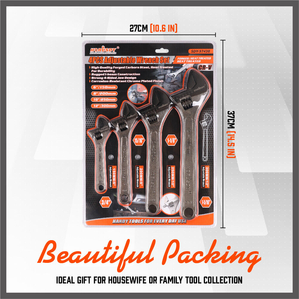 Four-piece set of adjustable wrenches in sizes 6", 8", 10", and 12" featuring heavy-duty construction and wide open jaws for versatile use