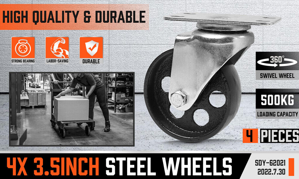 Set of four 3.5-inch Heavy Duty Steel Castor Wheels, featuring industrial-grade bearings, swivel casters with a 500KG per wheel loading capacity, and a robust steel construction for long-lasting use