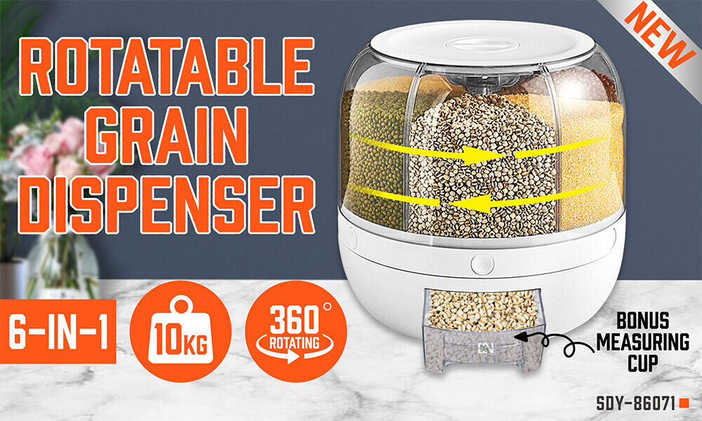 10KG Capacity 6in1 Rotating Grain Dispenser with Transparent Compartments for Dry Food and Rice Storage