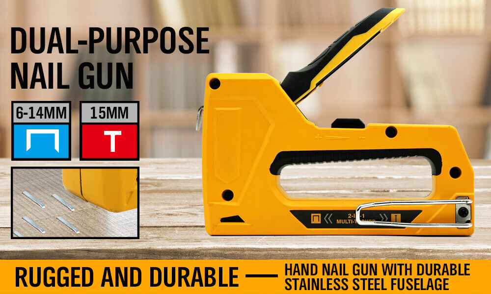 Durable carbon steel manual staple and brad nail gun with a yellow coating and easy-to-reload mechanism.