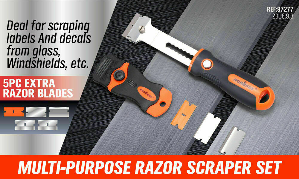 Multi-purpose razor scraper set with TPR handles and replacement blades for glass and decal cleaning.