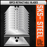 Set of four retractable box cutters with grip handles and 10 additional spare blades, ideal for cutting cardboard, paper, PVC, and crafts