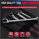 SEDY 4-Piece Flare Nut Wrench Set in SAE Sizes, Featuring 15° Offset Heads and Durable Chrome Vanadium Construction with a Convenient Organizer Pouch