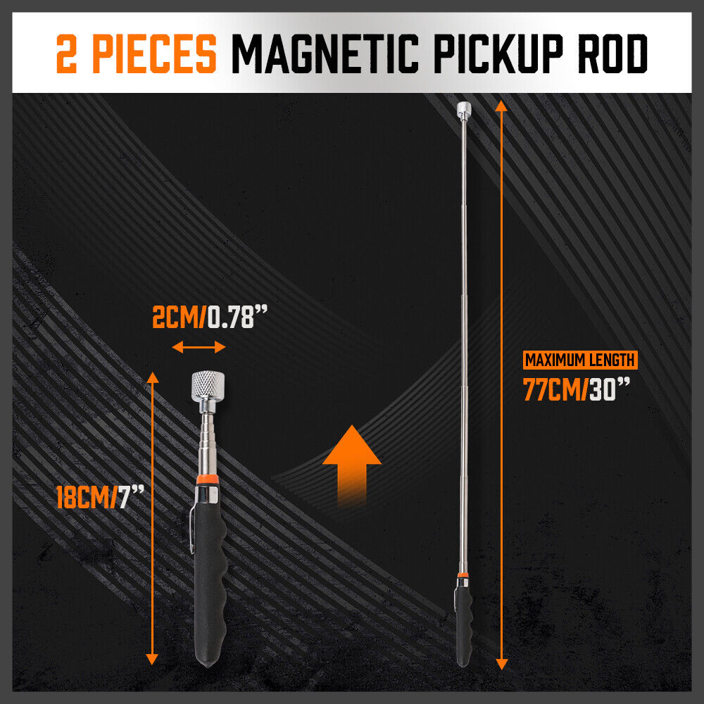 Heavy-duty 3-piece set featuring two telescoping magnetic pick-up tools and one inspection mirror, both with extendable rods for hard-to-reach areas.