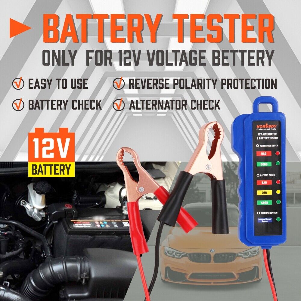 Compact Digital 12V Alternator Battery Tester - Features 6 LED Display and Testing Clips for Cars and Motorcycles