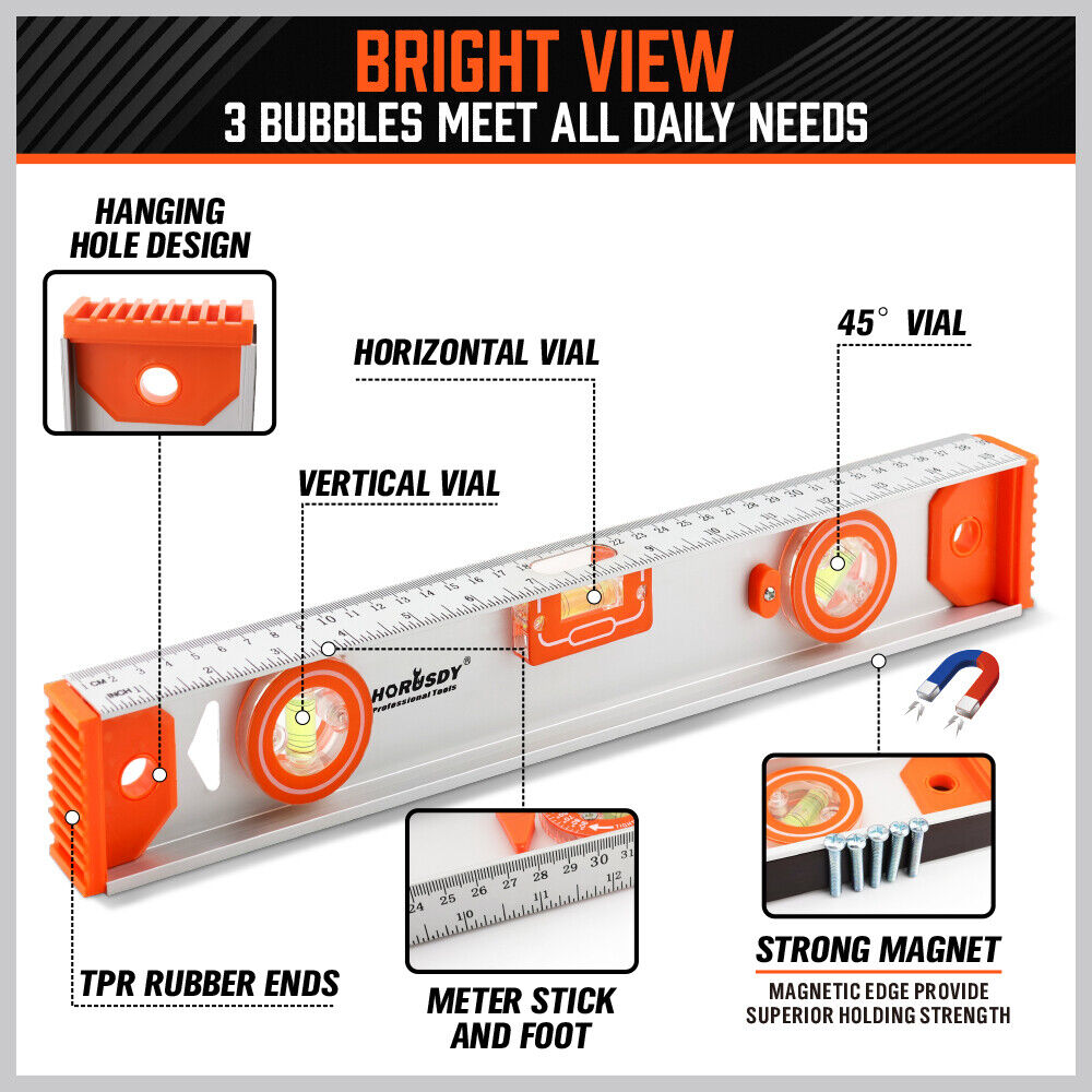 HORUSDY 40CM Red Torpedo Spirit Level with 3 Bubbles for Plumb, Level, and 45-Degree Angles, Magnetic and Shockproof