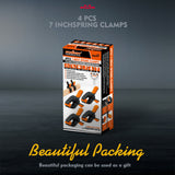 Pack of 4 HORUSDY 7-inch black nylon spring clamps with orange non-slip TPR handles and reinforced glass fiber construction for secure clamping.