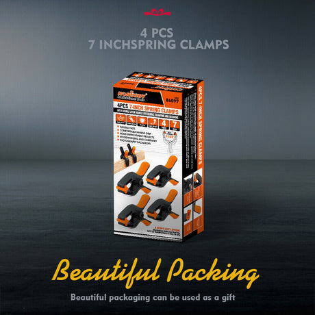 Pack of 4 HORUSDY 7-inch black nylon spring clamps with orange non-slip TPR handles and reinforced glass fiber construction for secure clamping.