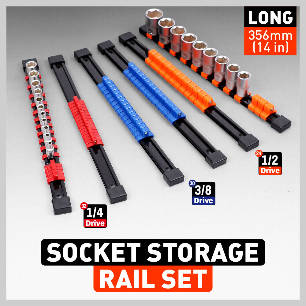 6Pc Socket Storage Rail Rack Organizer in Red, Blue, Orange - Mountable with Sliding Clips for 1/4", 3/8", 1/2" Drives