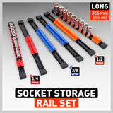 6Pc Socket Storage Rail Rack Organizer in Red, Blue, Orange - Mountable with Sliding Clips for 1/4", 3/8", 1/2" Drives