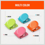 Colorful set of 16 magnetic spring clamps in green, pink, orange, and blue, perfect for holding notes on refrigerators or metal surfaces