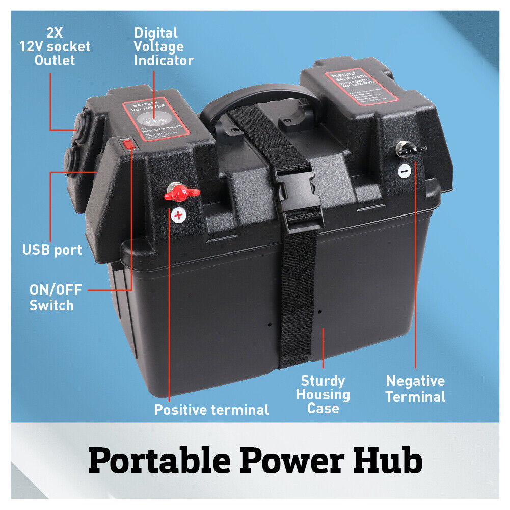 Sturdy 12V Deep Cycle Battery Box with USB Ports and Voltmeter for Outdoor Power Needs