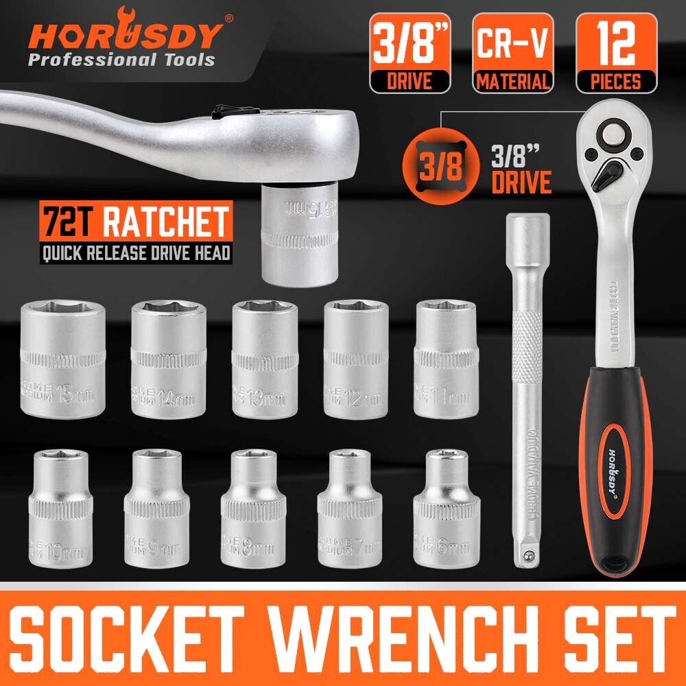 HORUSDY 12-Piece 3/8 Inch Ratchet Socket Set, Chrome-Plated Steel, Extension Bar, and Organizing Rack