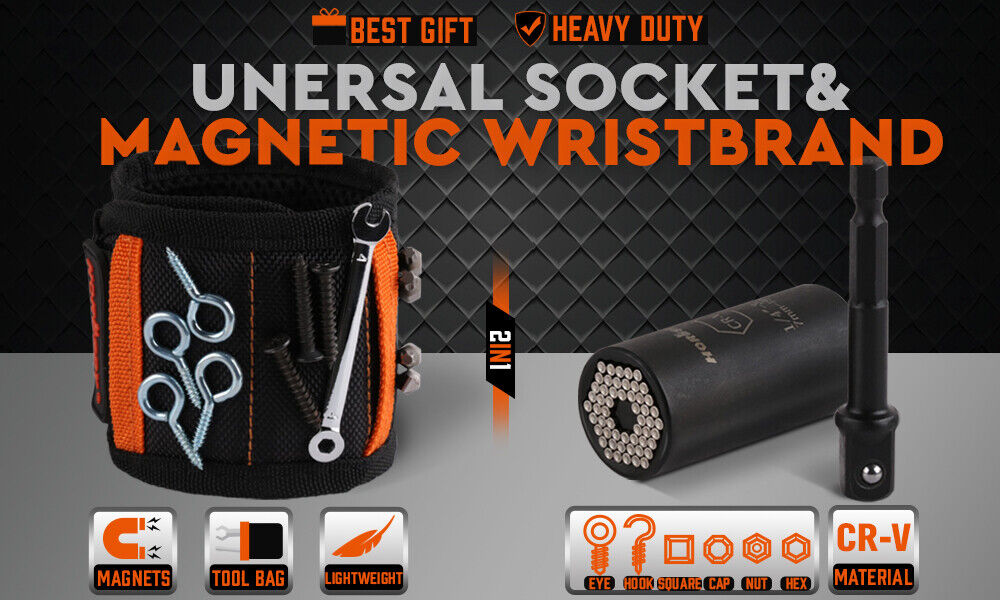 Magnetic Wristband with Universal Socket Grip for Holding Screws, Nails, and Tools