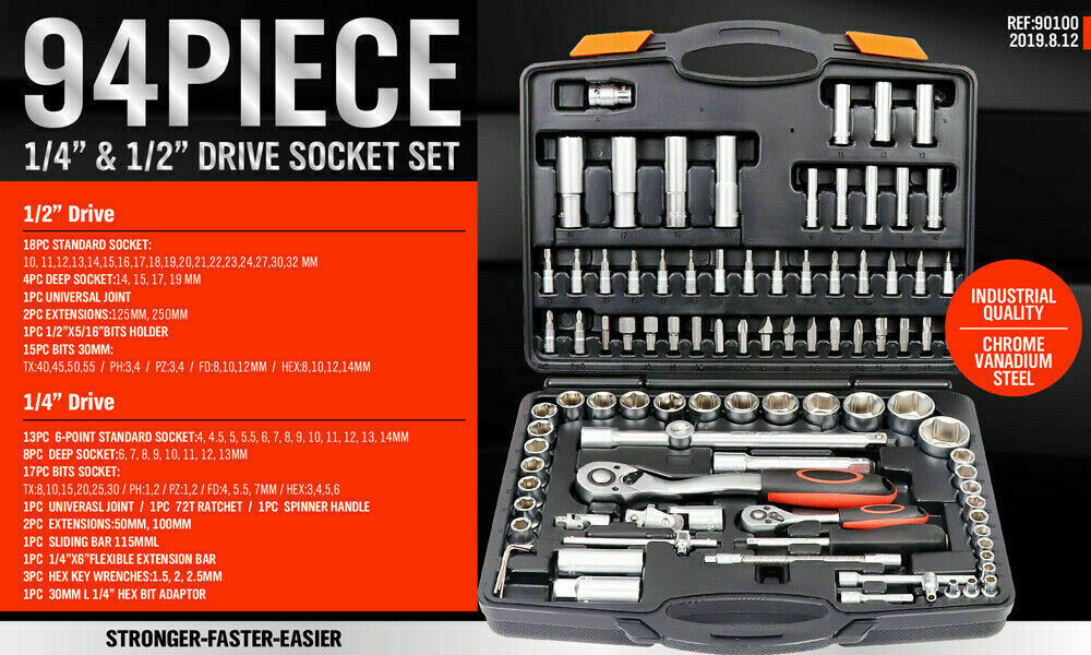 Extensive 94-Piece Socket and Ratchet Wrench Set - Chrome Vanadium Steel, Perfect for Vehicle Maintenance and Home Repair